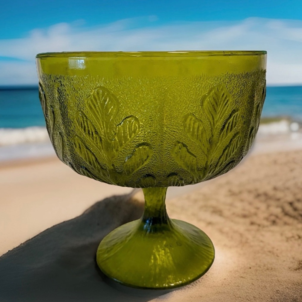 FTD Vintage Green Glass Chalice or Footed Candy Dish with Leaves Design 1978